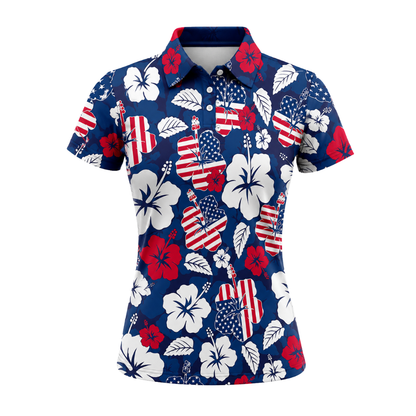 Hibiscus American Flag Golf Polo Shirt For Ladies, Women's Patriotic Tropical Golf Shirts For 4th Of July GZ0268