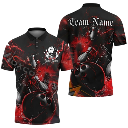 Custom Team Skull Black Red Bowling Polo Shirt For Mens, Custom Skull Bowling Team Shirts BZ0598