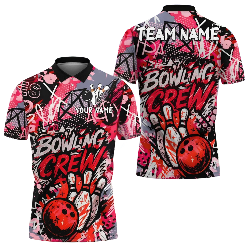 Custom Graffiti Red Bowling Polo Shirt Mens, Custom Team Graffiti Bowling Shirts BE0197