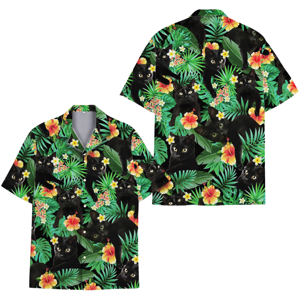 Tropical Black Cat Hawaiian Shirt Men Women, Cat Hawaiian Shirt HE0551