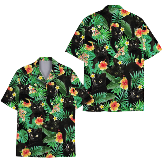 Tropical Black Cat Hawaiian Shirt Men Women, Cat Hawaiian Shirt HE0551