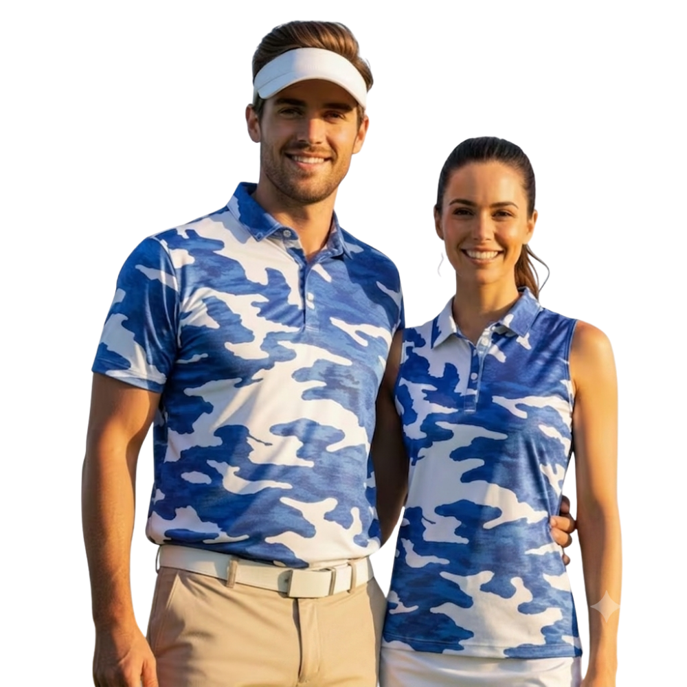 Camouflage Blue Matching Golf Shirts For His And Her, Camo Couple Golf Mathching Shirts GE0575