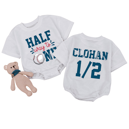 Half Way To One Custom Baby Name Baseball T Shirt Romper, Custom Baseball 1/2 Birthday Baby Romper BB0266