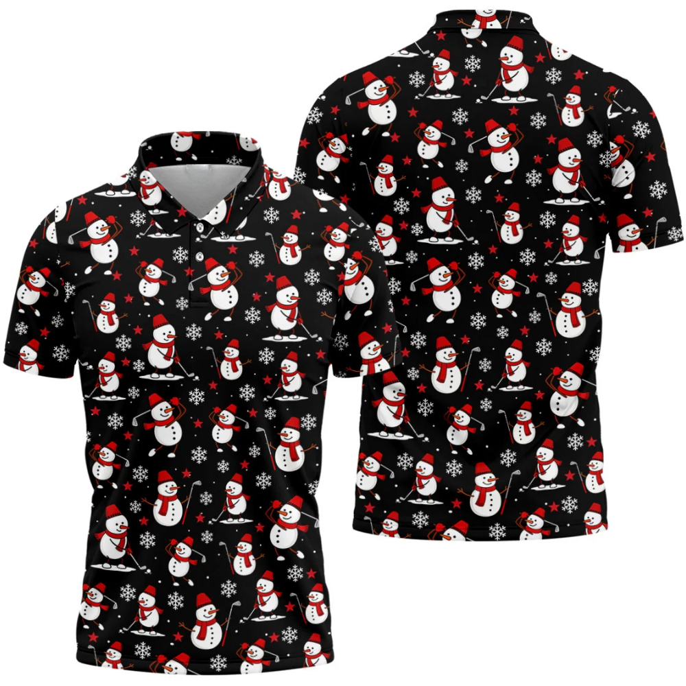 Funny Snowman Play Golf Mens Golf Polo Shirt Black, Christmas Golf Shirt GZ0355