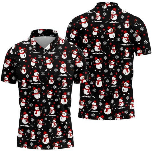 Funny Snowman Play Golf Mens Golf Polo Shirt Black, Christmas Golf Shirt GZ0355