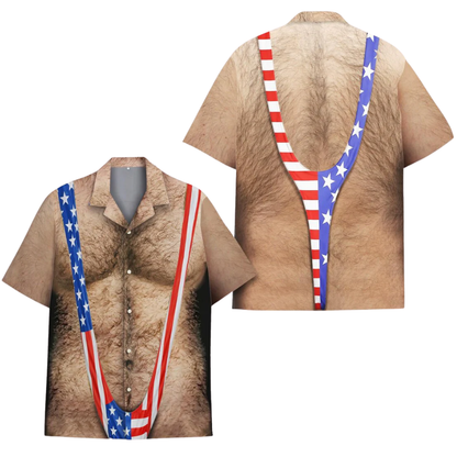 Funny Chest Hair American Flag Men's Hawaiian Shirt, Funny Hillarious Hawaiian Shirts For 4th Of July HE0385