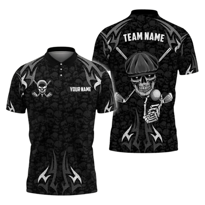 Custom Skull Black Polo Golf Team Shirts For Men, Customize Skull Golf Shirts GZ0410