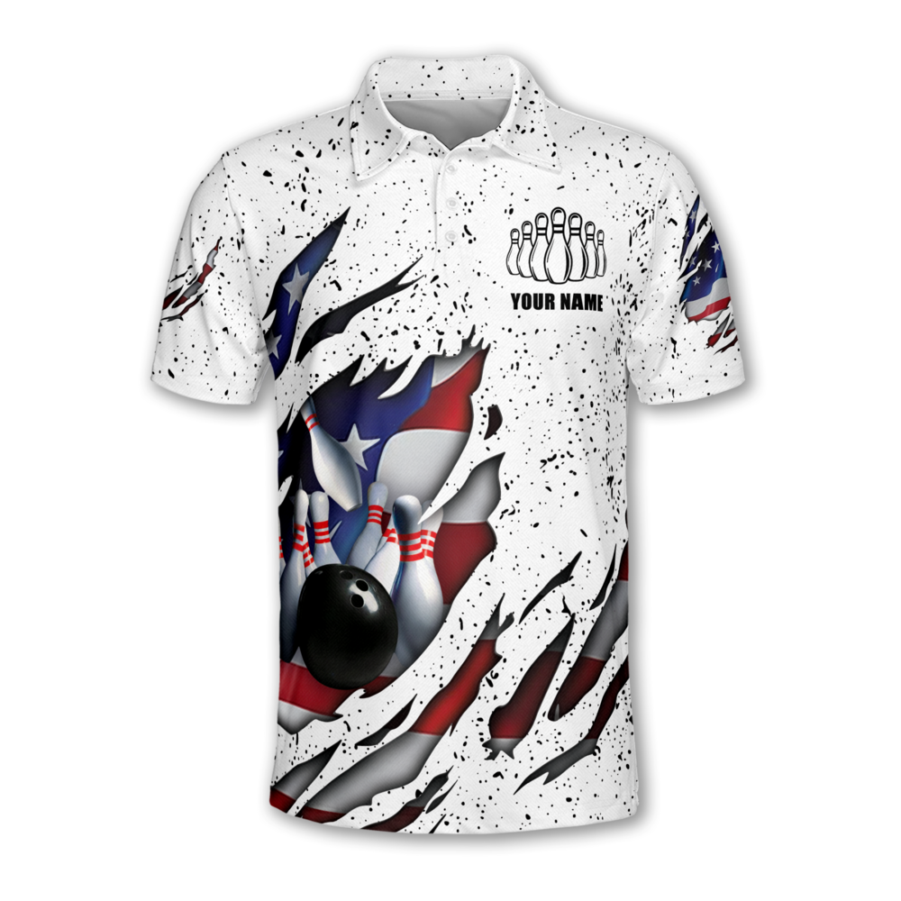 Custom Grunge White American Flag Bowling Polo Shirt For Mens, Custom Patriotic Bowling Team Shirts BM0339
