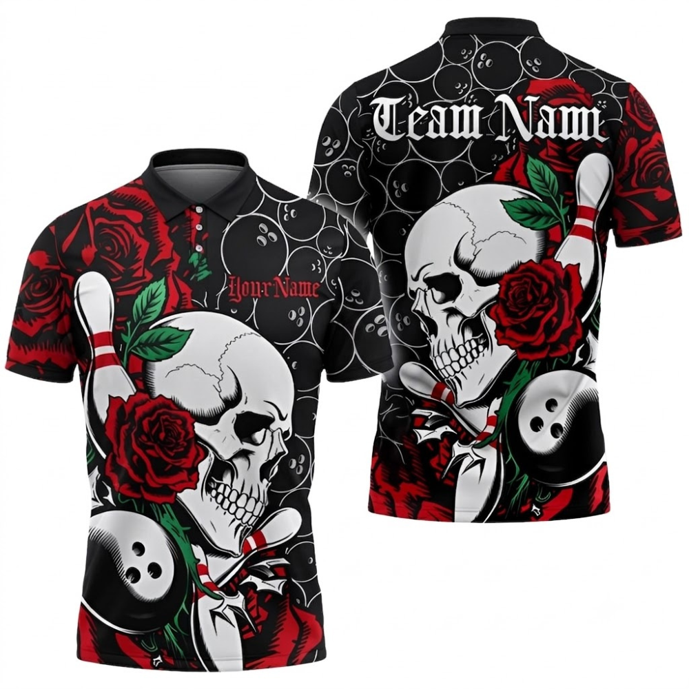Red Rose And Skeleton Custom Bowling Men Polo Shirt, Custom Skull Bowling Shirts Team BZ0684