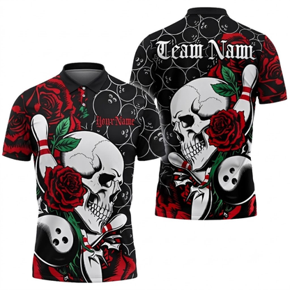 Red Rose And Skeleton Custom Bowling Men Polo Shirt, Custom Skull Bowling Shirts Team BZ0684