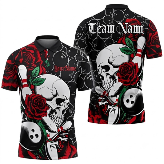 Red Rose And Skeleton Custom Bowling Men Polo Shirt, Custom Skull Bowling Shirts Team BZ0684