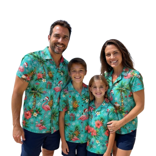 Flamingo Beach Christmas Family Matching Hawaiian Shirt, Xmas Flamingo Tropical Family Hawaiian Shirts