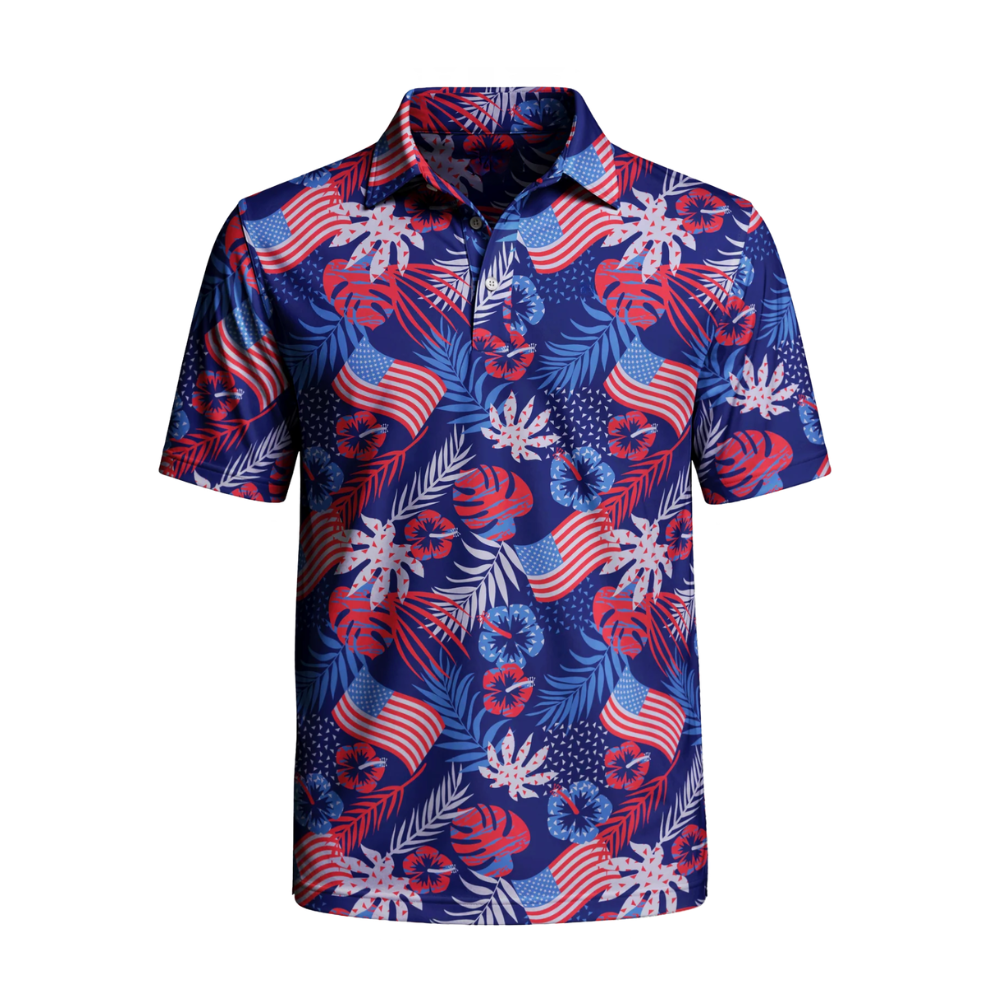 American Flag Hibiscus Aloha Navy Golf Polo Shirts Mens, Patriotic 4th Of July Golf Shirts GZ0446