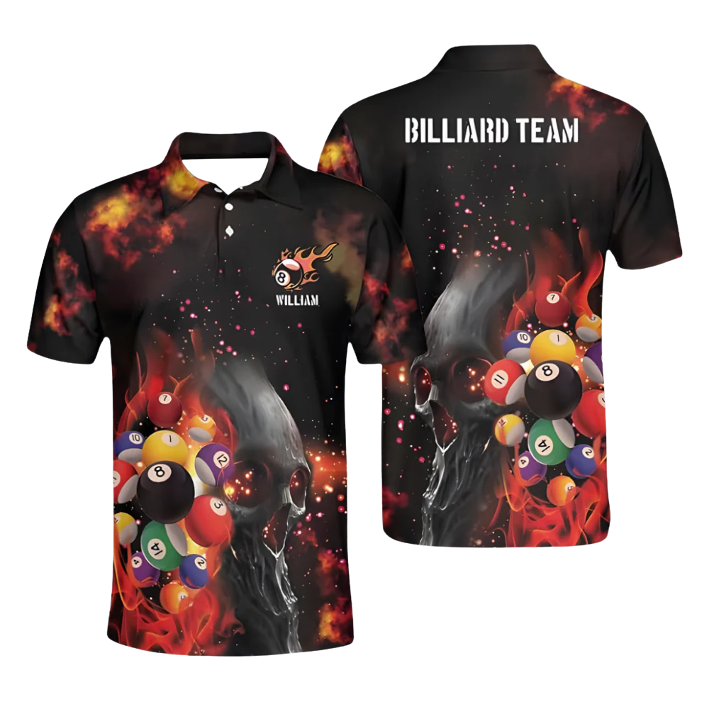 Custom Flame Skull Billiard Polo Shirt For Men, Custom Skull Billiard Team Shirts BIZ0101