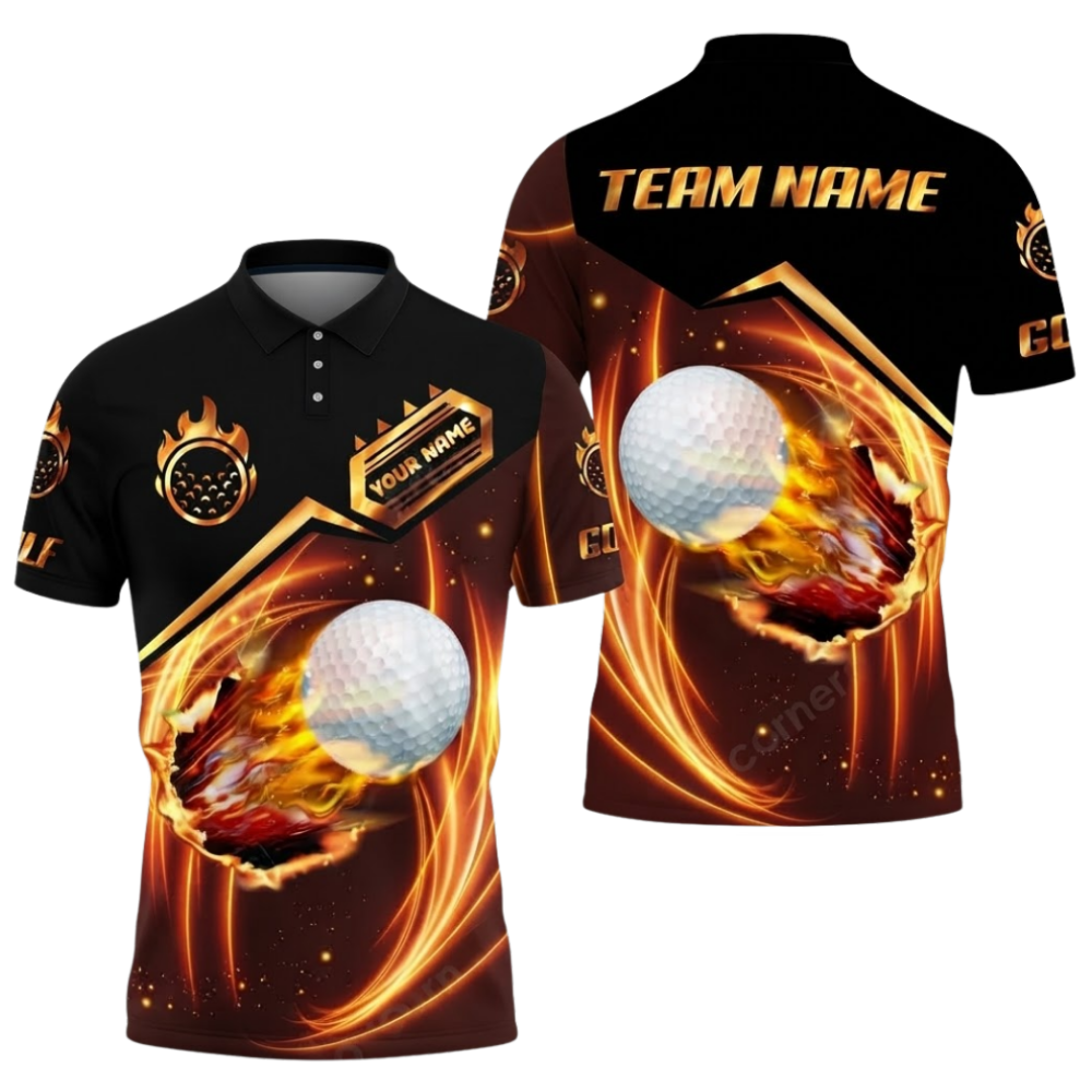 Flaming Ball Custom Mens Golf Polo Shirt, Custom Flame Golf Team Shirt GZ0398