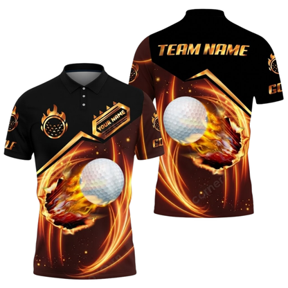 Flaming Ball Custom Mens Golf Polo Shirt, Custom Flame Golf Team Shirt GZ0398