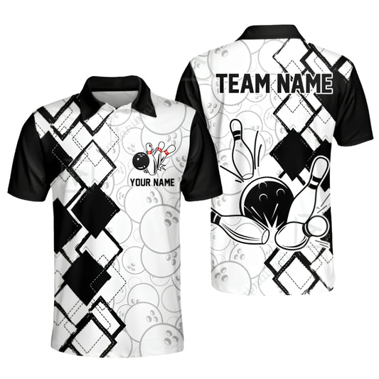Custom Argyle Black White Bowling Polo Shirt For Men, Custom Team Bowling Shirts BZ0387