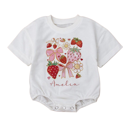 Custom Strawberry Coquette Baby T-Shirt Romper, Personalized Strawberry Baby Romper BB0015