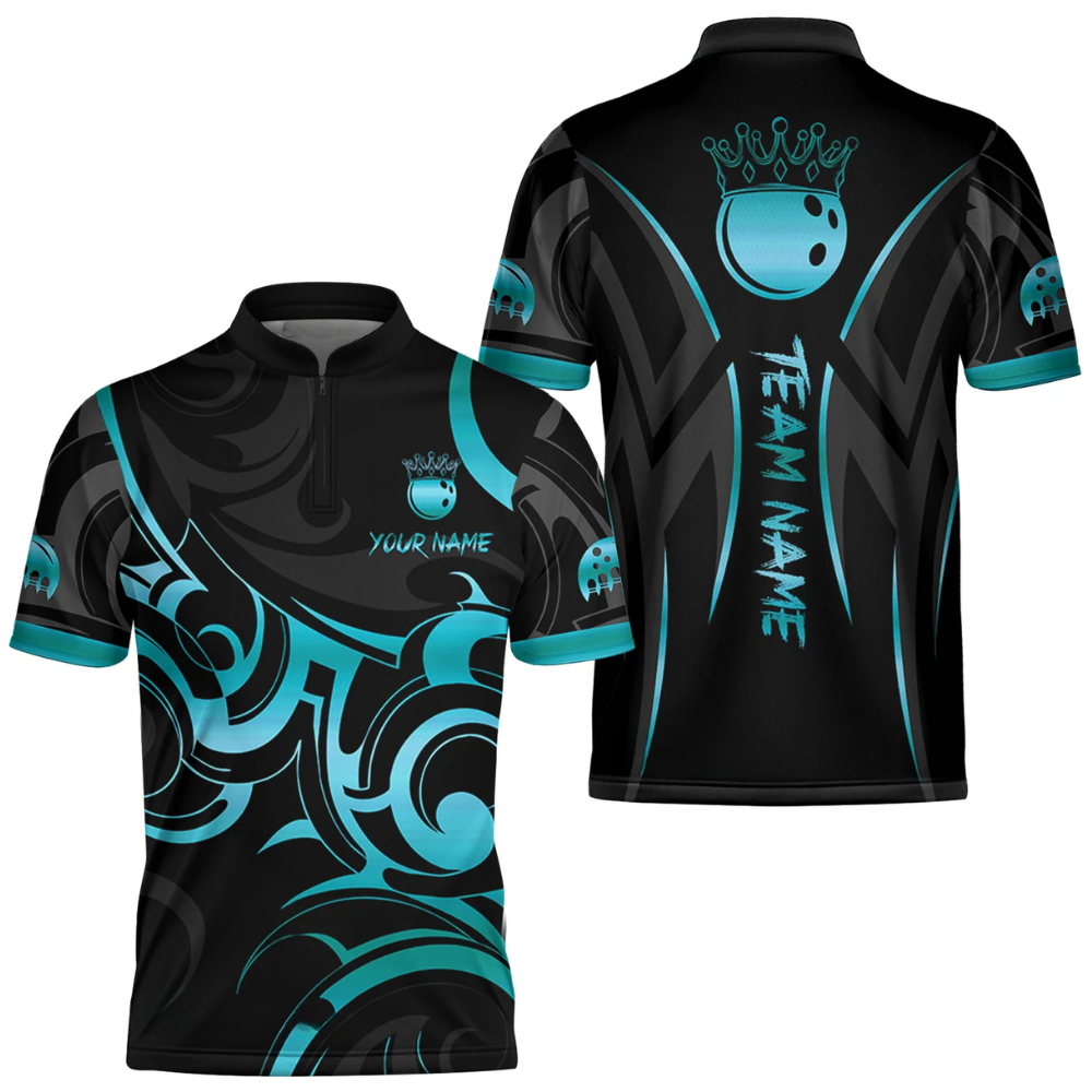 Custom Tribal Black And Cyan Bowling Jersey Shirt For Men, Custom Tribal Bowling Team Shirts BZ0616