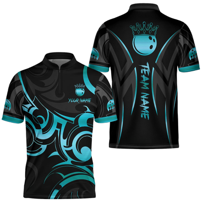 Custom Tribal Black And Cyan Bowling Jersey Shirt For Men, Custom Tribal Bowling Team Shirts BZ0616