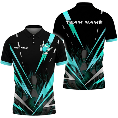 Custom Team Black And Cyan Bowling Polo Shirt For Men, Custom Bowling Shirts BZ0554