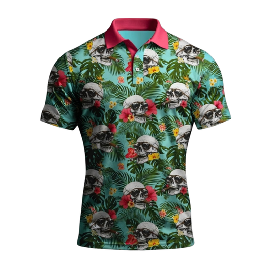 Skeleton Flower Hawaii  Golf Polo Shirts For Men, Skull Golf Shirts GZ0418