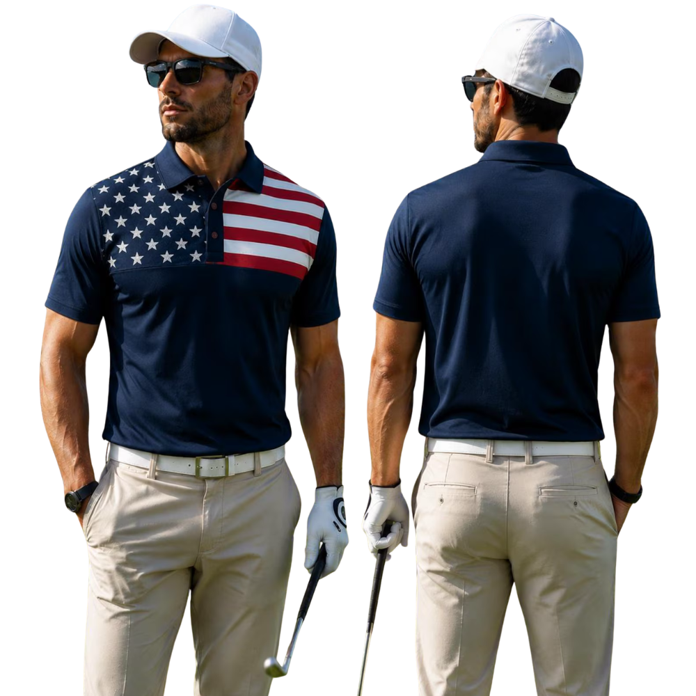 Men's American Flag Navy Golf Polo Shirt, Independence Day Golf Shirt GE0544