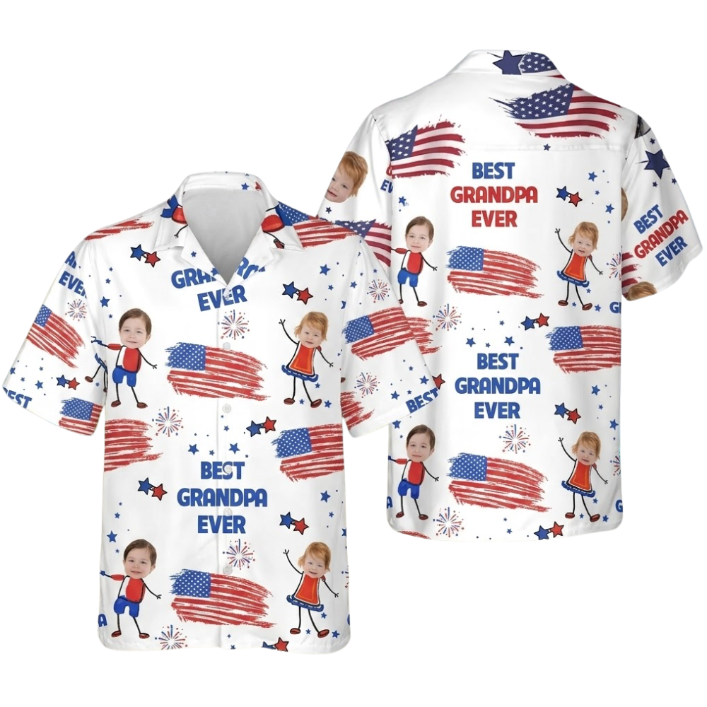 Best Grandpa Ever Custom Kid Faces USA Flag Hawaiian Shirt, Personalized Photo Hawaiian Shirt For Grandpa HE0561