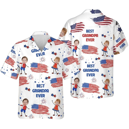 Best Grandpa Ever Custom Kid Faces USA Flag Hawaiian Shirt, Personalized Photo Hawaiian Shirt For Grandpa HE0561