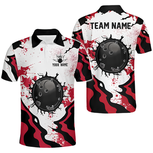 Custom Team Cracked Ball Red White Bowling Polo Shirt For Men, Custom Bowling Team Shirts BZ0667
