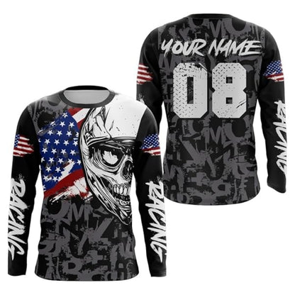 Custom Skull USA Flag Long Sleeve Motocross Jersey For Men, Custom Skull Dirt Bike Shirts MZ0003