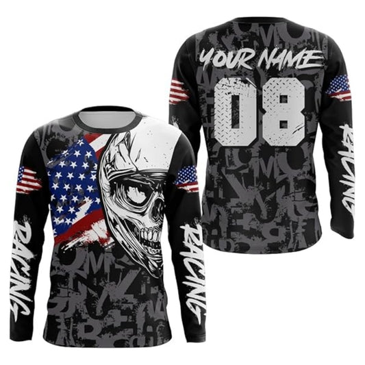 Custom Skull USA Flag Long Sleeve Motocross Jersey For Men, Custom Skull Dirt Bike Shirts MZ0003