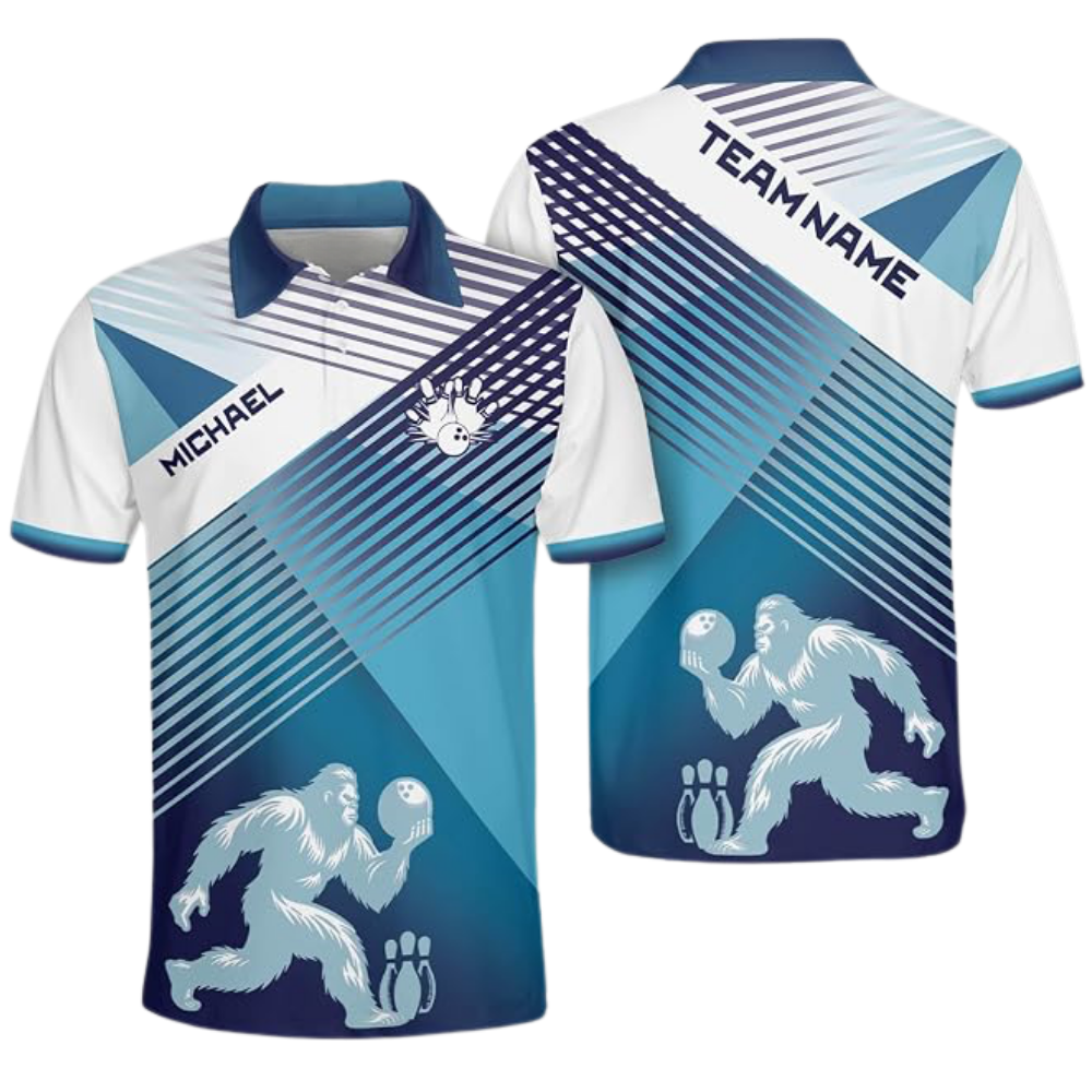 Custom Bigfoot Blue And White Bowling Mens Polo Shirt, Custom Team Bigfoot Bowling Shirt BZ0785