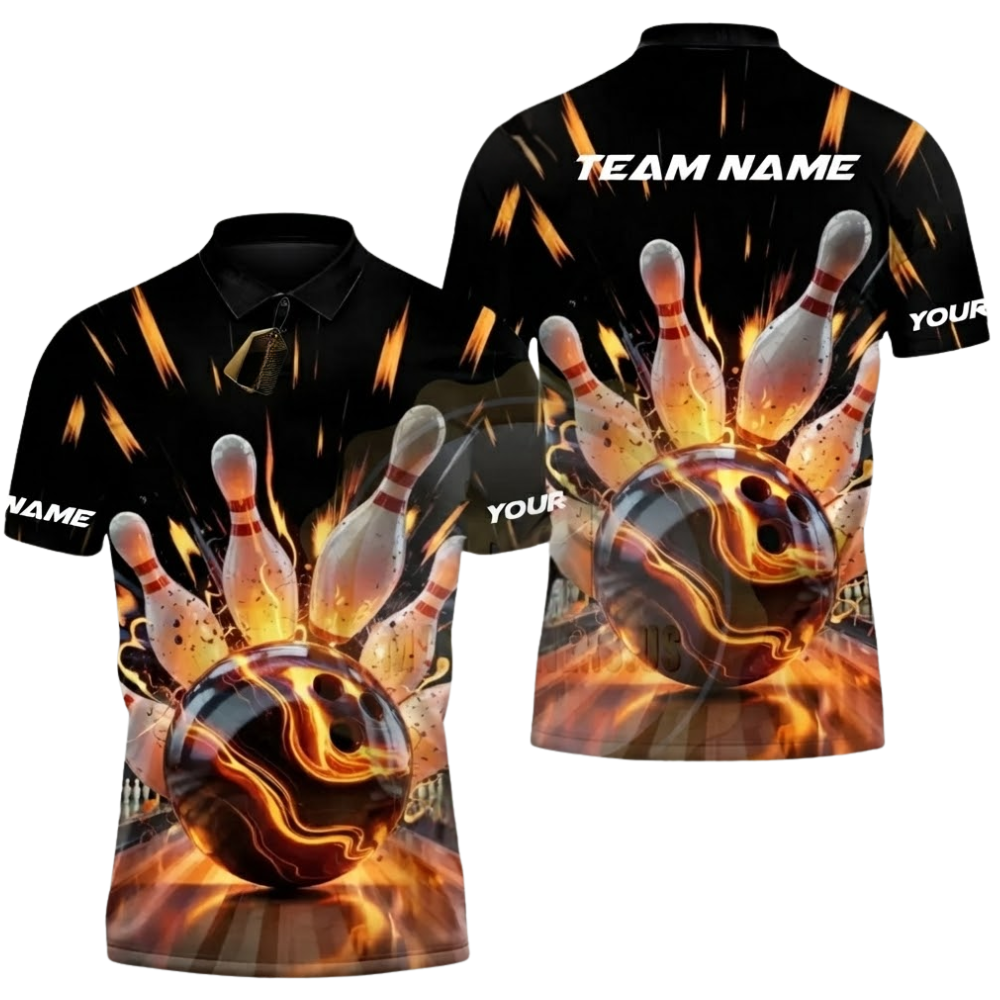 Custom Flame Orange Black Bowling Polo Shirt For Men, Custom Flame Bowling Shirts Team BZ0553