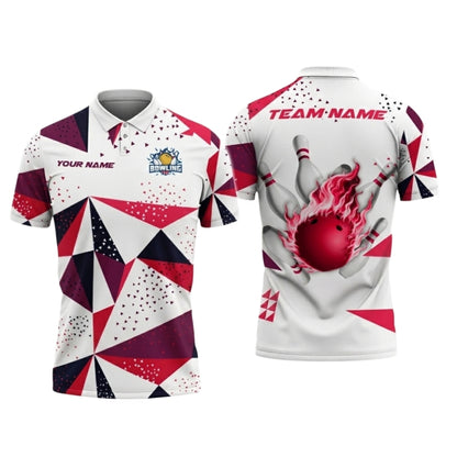 Custom Team White Red Geometric Bowling Polo Shirt Men, Custom Bowling Team Shirts BZ0732