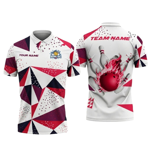 Custom Team White Red Geometric Bowling Polo Shirt Men, Custom Bowling Team Shirts BZ0732