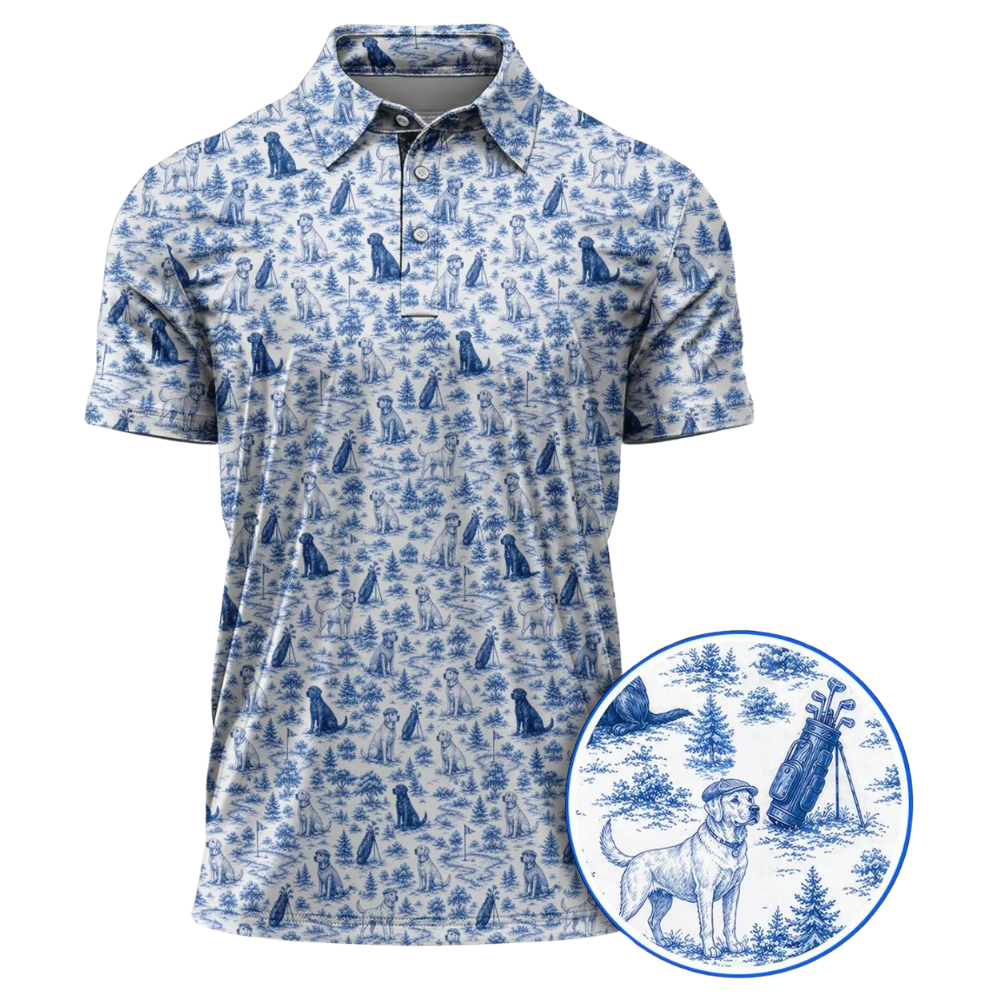 Labrador Golf Polo Shirt For Men Toile de Jouy, Labrador Golf Shirt For Dog Lover GE0475