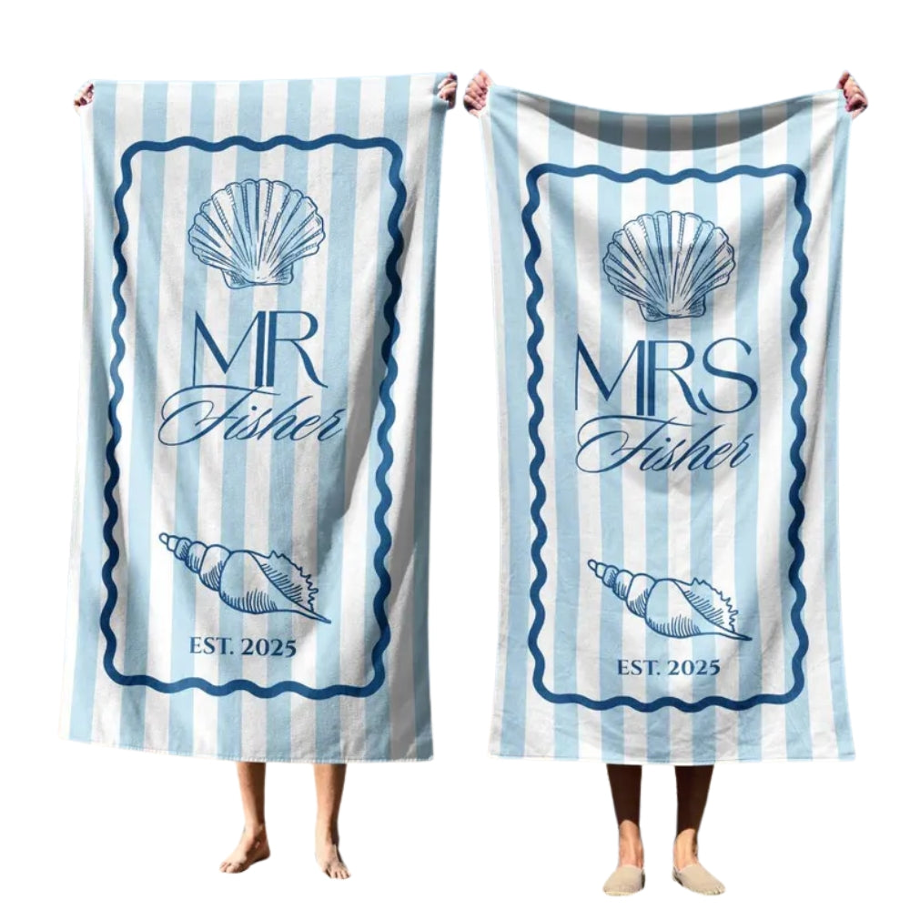 Personalized Mr and Mrs Fisher Beach Towel, Custom Newlyweds Honeymoon Wedding Beach Towel For Couple WD0247