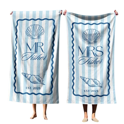 Personalized Mr and Mrs Fisher Beach Towel, Custom Newlyweds Honeymoon Wedding Beach Towel For Couple WD0247