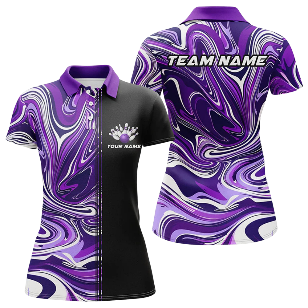 Custom Team Purple Black Womens Bowling Polo Shirt, Custom Bowling Shirt Ladies BZ0766