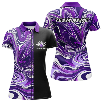 Custom Team Purple Black Womens Bowling Polo Shirt, Custom Bowling Shirt Ladies BZ0766