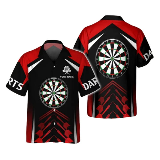 Custom Black And Red Dart Hawaiian Shirt For Men, Custom Name Darts Hawaiian Shirts DE0085