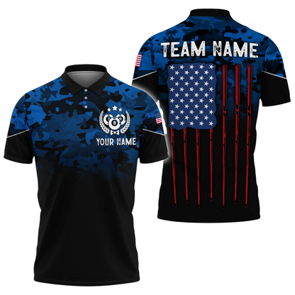 Custom Blue Camo USA Flag Men's Billiard Polo Shirt, Custom Patriotic Camo Billiard Team Shirts BIZ0315