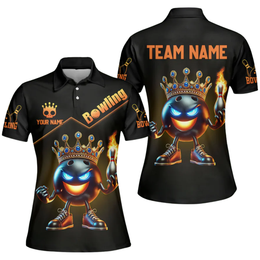 King Ball Flame Pins Women's Custom Bowling Polo Shirts, Custom Flame Bowling Team Shirt For Ladies BZ0580