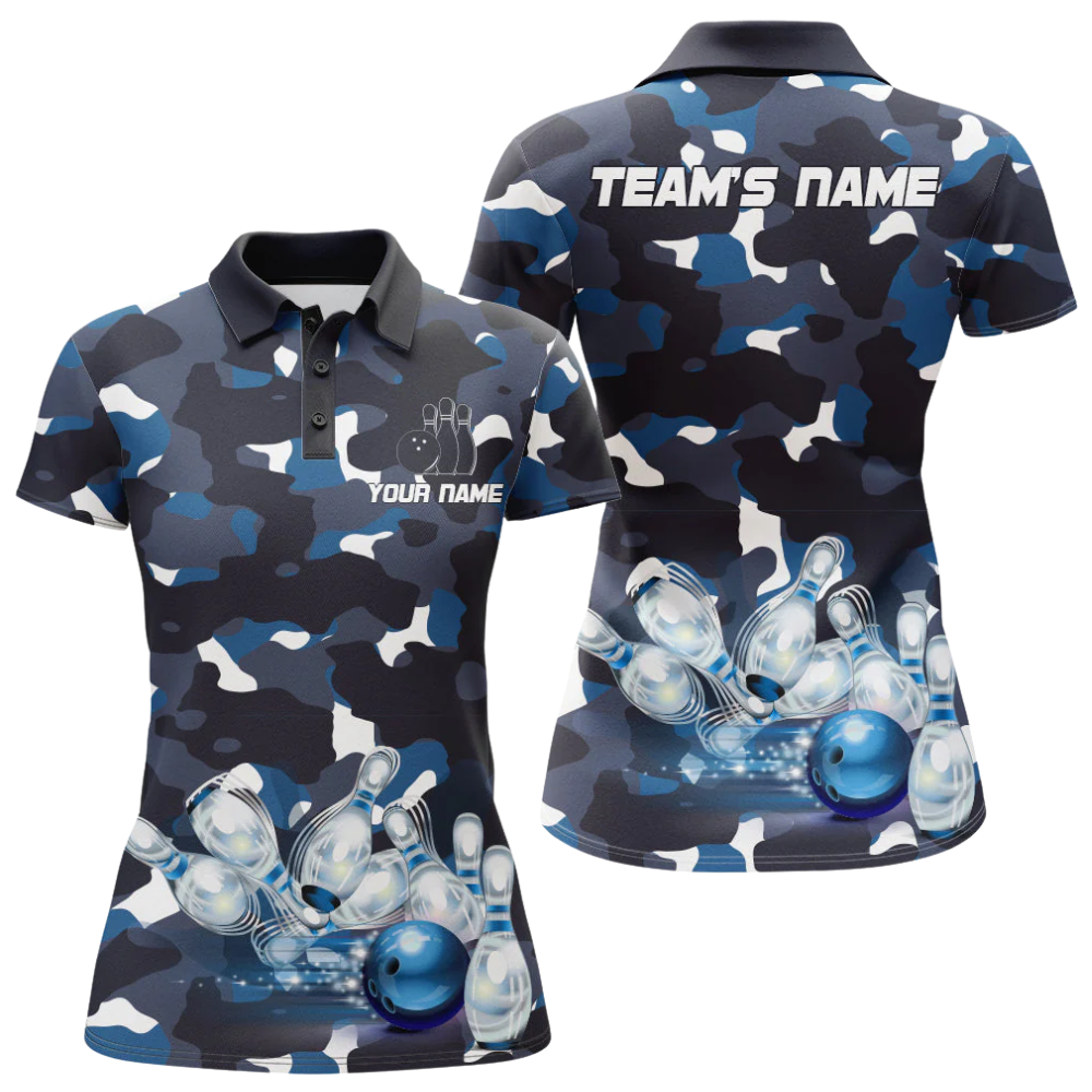 Women's Custom Blue Camo Bowling Polo Shirt, Custom Camo Bowling Team Shirts For Ladies BZ0486