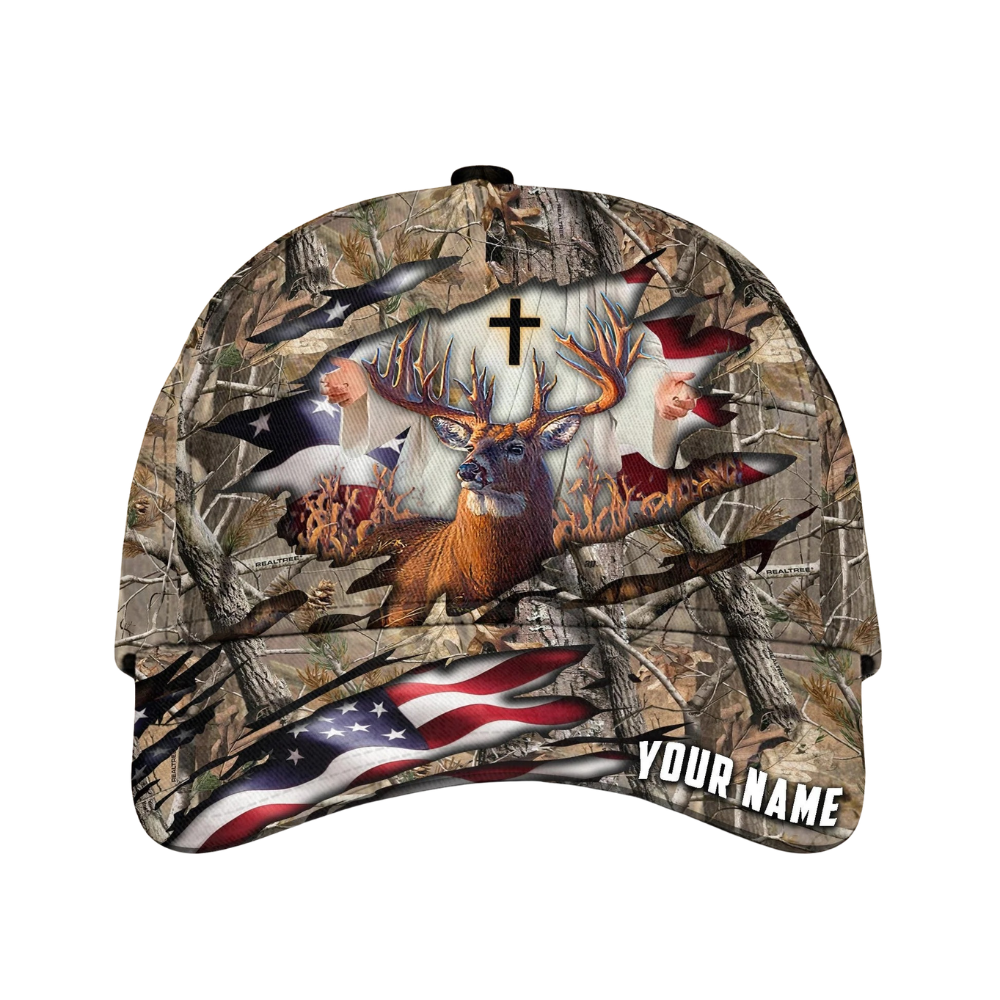 Deer Hunting Custom Cross American Flag Baseball Cap, Custom Christian Deer Cap Hat For Hunter CP0555