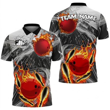 Fire Pins And Ball Custom Bowling Polo Shirt For Men, Custom Flame Bowling Team Shirts BZ0733
