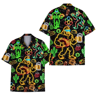 Neon Bigfoot And Beer Taco Men's Hawaiian Shirt, Sasquatch Neon Hawaiian Shirts HE0396