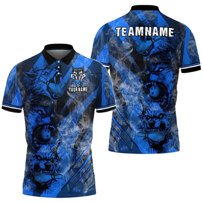 Custom Wolf Blue Smoke Bowling Polo Shirt For Men, Custom Wolf Bowling Team Shirts BZ0753