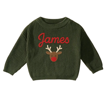 Custom Name Christmas Reindeer Embroider Knit Baby Sweater, Custom Christmas Baby Knit Sweatshirt BB0123